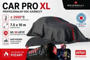 Profesjonalna płachta gaśnicza, koc 7.5x10m do gaszenia samochodów i akumulatorów Li-ion CAR PRO XL - wielokrotnego użytku, rdzeń grafitowy 
