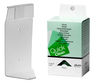 Dozownik Plum QuickClean — 40 chusteczek do oczyszczania ran (wieszak ścienny, CE)
