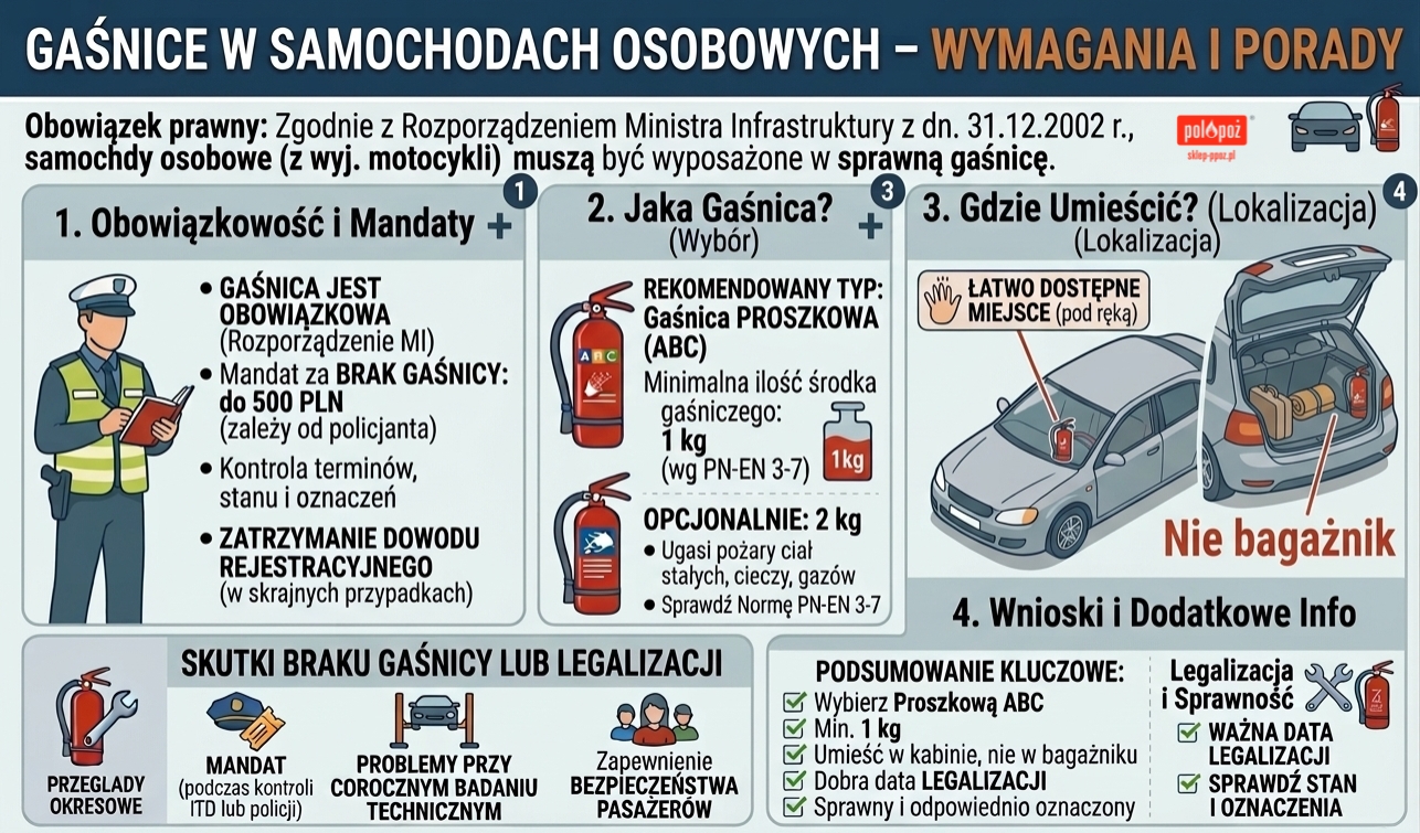Infografika o gaśnicach w samochodach osobowych: wymagania prawne, mandat do 500 PLN za brak gaśnicy, zalecana gaśnica proszkowa ABC 1kg i instrukcja montażu w kabinie zamiast w bagażniku.