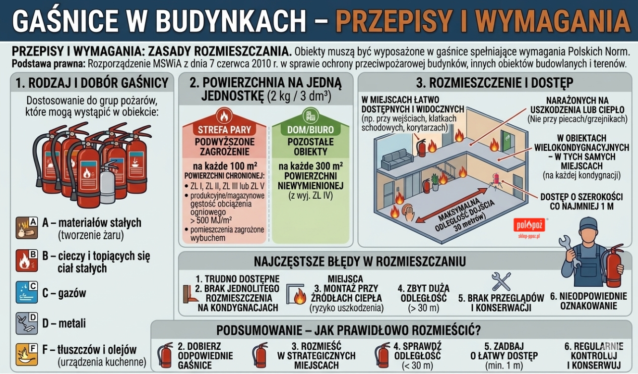 Gaśnice w budynkach – przepisy i wymagania, rozmieszczenie oraz dobór gaśnic według powierzchni i rodzaju pożaru