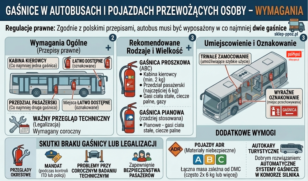Wymagania dotyczące gaśnic w autobusach: obowiązkowe minimum dwie gaśnice (w kabinie kierowcy min. 2kg i przedziale pasażerskim min. 6kg), oznakowanie miejsc i roczna legalizacja.