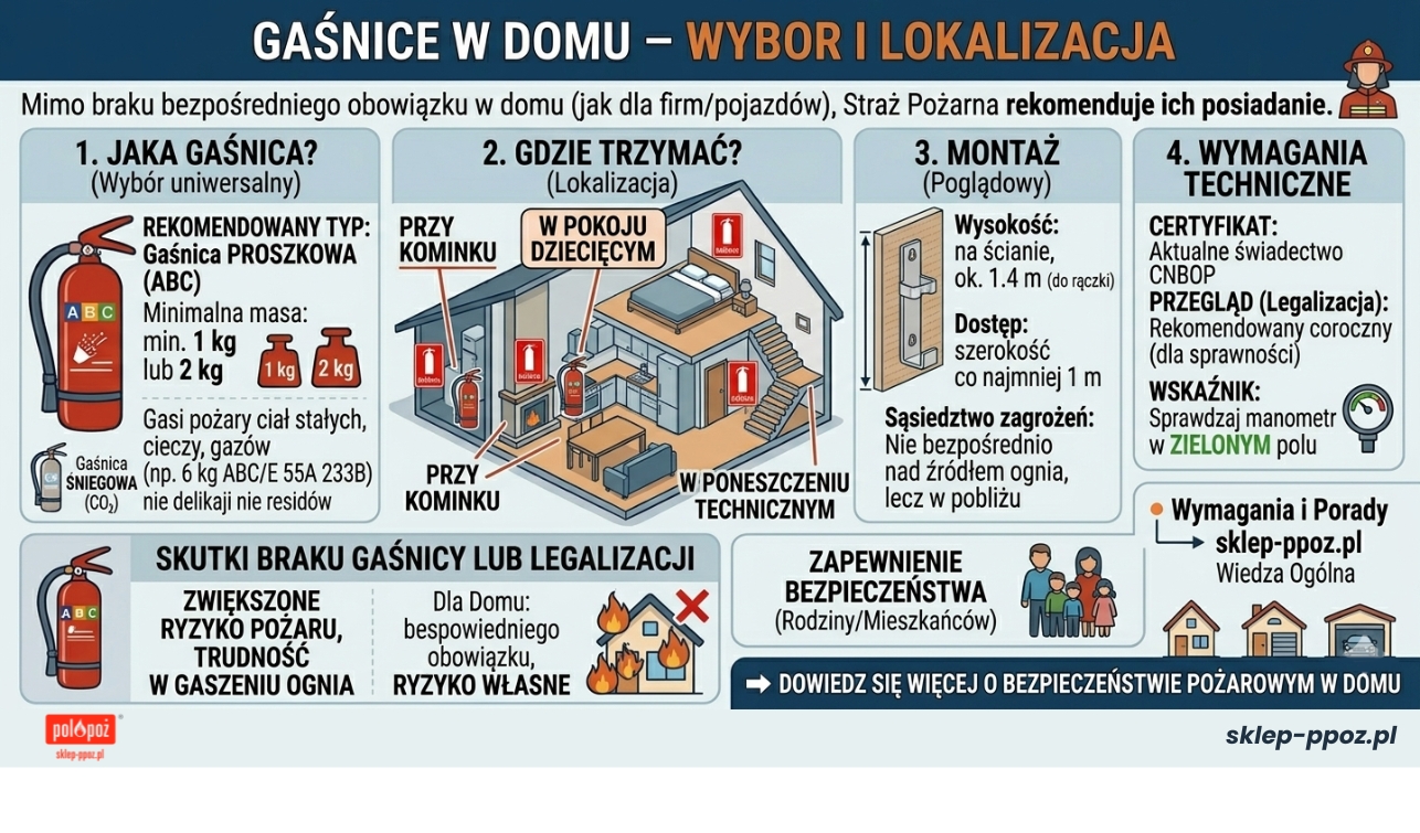 Poradnik wyboru gaśnicy do domu: rekomendowana gaśnica proszkowa ABC 2kg lub śniegowa CO2, lokalizacja przy kominku i w pomieszczeniu technicznym oraz zasady montażu na ścianie.