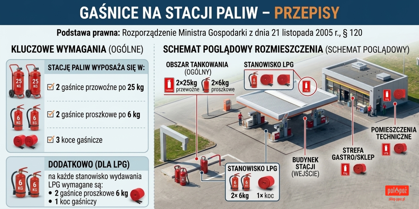 Wymagania przeciwpożarowe dla stacji paliw – rozmieszczenie gaśnic 25 kg, 6 kg oraz koców gaśniczych