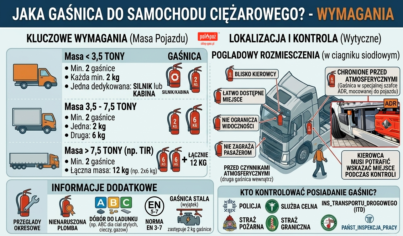 Tabela wymagań dla samochodów ciężarowych i TIR: liczba gaśnic zależna od masy pojazdu (powyżej 7,5t wymagane 12kg środka), zasady rozmieszczenia w ciągniku siodłowym i kontrola ITD.